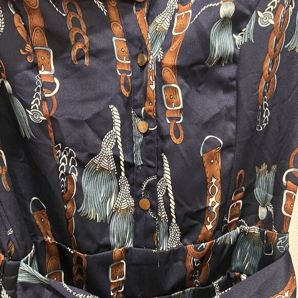 Fashion Nova The Entertainer Satin Jumpsuit Navy Sz XS Chain Tassel Print Rodeo - Picture 7 of 15